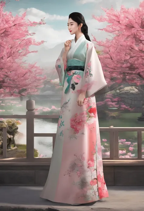 Sting，Spring Thunder，（Rosa flowers），（Rosa flowers），Traditional Chinese garden，A woman standing next to a flower in Hanfu，Landscape of people