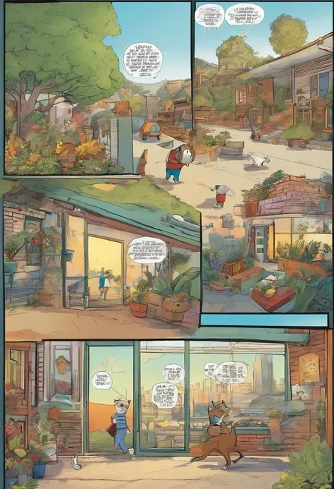 American comics, The comic story is presented in multiple irregular panels with color. American Shorthair Cat Struggles as He runs away from home and then reunites with his owner. El estilo es exagerado y detallado