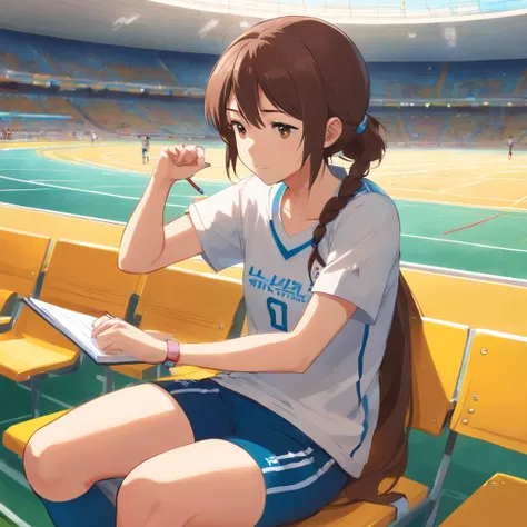 em que a treinadora, vestindo uma camisa esportiva amarela e shorts, shes sitting in the stands, Closely following the competition. Shes relaxed in a folding chair, com as pernas cruzadas e um olhar atento na pista de atletismo. Seus olhos seguem os movime...