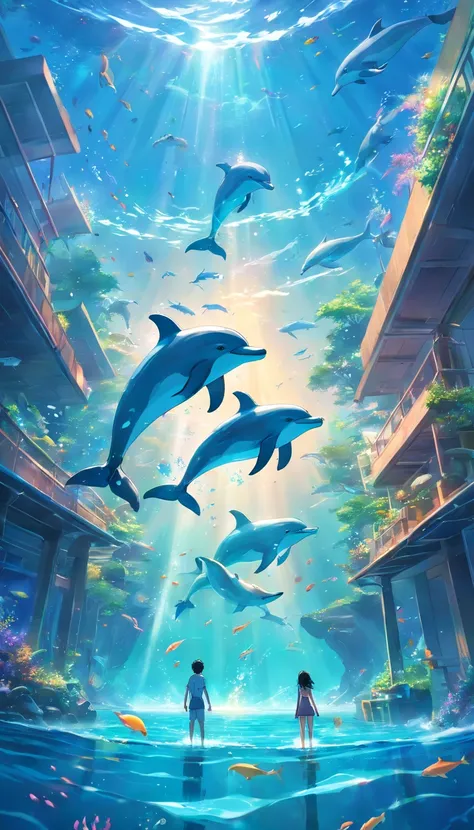 Painting of dolphins swimming in colorful ocean, Look up at the composition, Jellyfish and whales, Inspired by Cyril Rolando, A beautiful artwork illustration, author：Shitao, colorful concept art, Makoto Shinkai Cyrillo Rolando, In the style of Cyril Rolan...