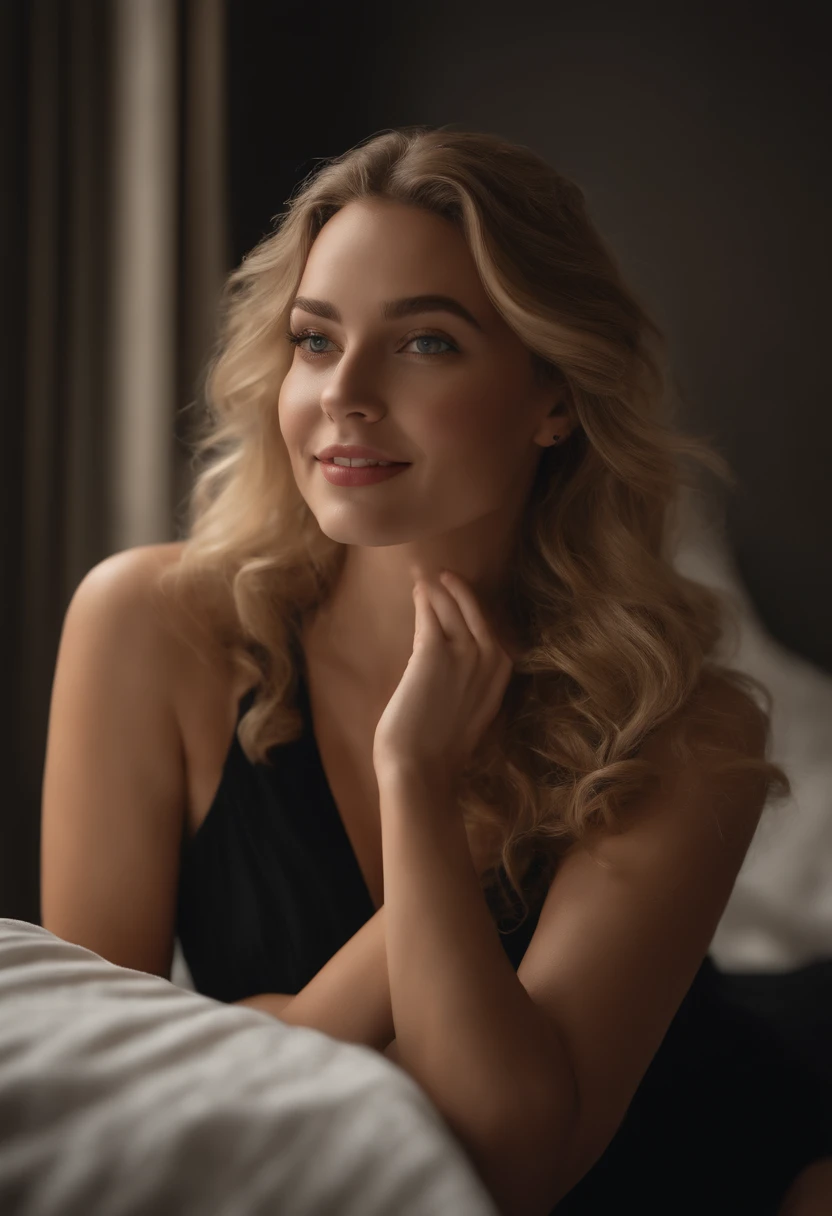 .RAW, analogique, Nikon Z 85mm,((Best quality)), ((Masterpiece)), ((Realstic)),image vintage, Magnifique femme russe, Blond, 22 ans, posing in a hotel in lingerie, porter de la lingerie petite, sourire avec des dents montrant, ((petits seins)), Intricate d...