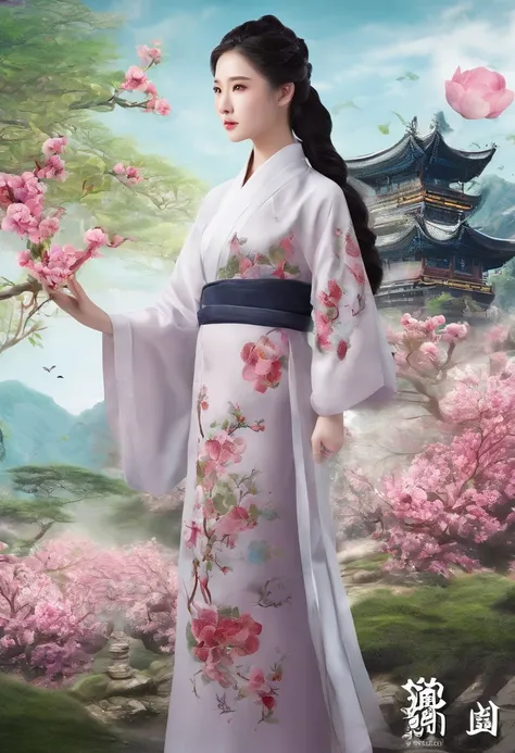 equinox，（（（Magnolia flowers）））,Xinyi flower，golondrinas，chinese traditional architecture，A woman standing next to a flower in Hanfu，Landscape of people