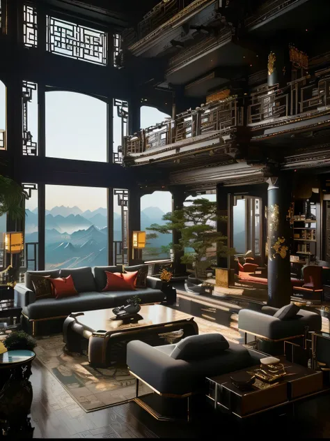 The Araffed living room has large windows，Features mountain views, with ancient chinese aesthetic, cyberpunk chinese ancient castle, Steampunk living room, elegant and ornate, epic and stunning, unreal 5 engine highlly render, unreal 5 engine render, expan...