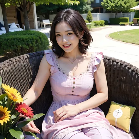 30 year old woman in summer dress smiling at camera