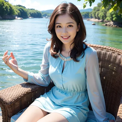 30 year old woman in summer dress smiling at camera