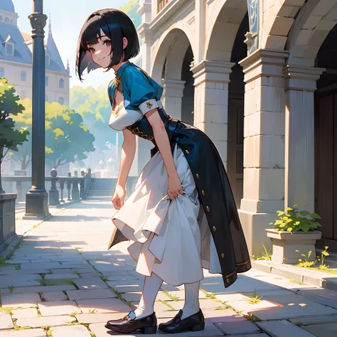 With the best image quality、Teenage girl standing alone outdoors。In high resolution、Beautiful fine details、tranquil atmosphere。((Black Hair Bob Hair))、Cute smile。(((breasts are large)))、I dont have anything in my hands、realistic hand、Medieval European nati...