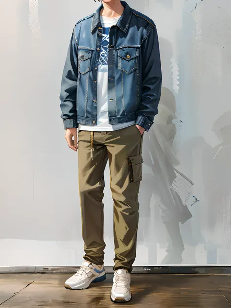 Allafed man in denim jacket and khaki pants standing in front of the wall, dressed with dungarees, casual streetwear, acid wash layering, cargo pants, wearing a jeans jackets, cargo pants. Cyberpunk city, casual clothing style, outlive streetwear collectio...