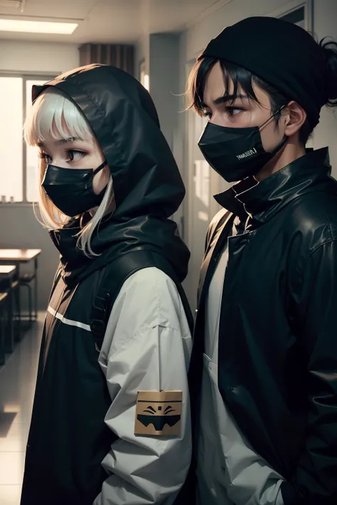 two people wearing masks and standing in a room, surgical mask covering mouth, wearing mask, wearing all black mempo mask, wearing facemask, people are wearing masks, student, masked doctors, wearing a mask, profile picture, some of them use gask mask, pro...