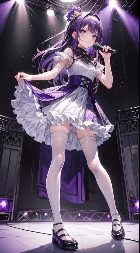 face to the viewer，Masterpiece，HighestQuali，one-girl，Purple pupils，purpleish color，voluminous hair，Stand on stage and sing，Delicate facial features，Purple floral dress，White tights，Small leather shoes，Stage，lamplight，Close-up of people