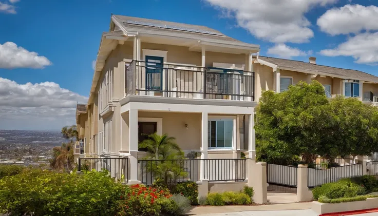 San Diego Real Estate, USA, Ordinary detached townhouse with lawn，Background image of downtown San Diego，With blue sky and white clouds as the background，Peaceful townhouse background，San Diego suburban residence