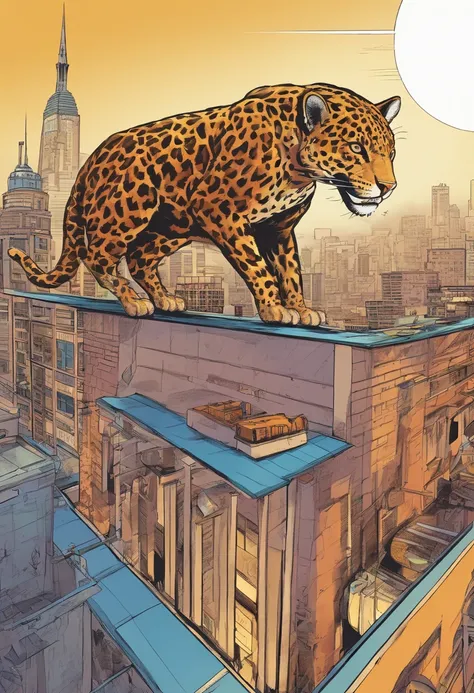 Super hero inspired by a jaguar, on top of a building