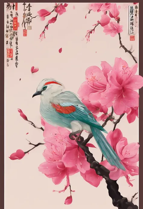 clear and bright，Traditional Chinese solar terms，(((azalea)))，National style，Ink wind，((rained))，solid color backdrop，There is one(Chongming Bird)，closeup cleavage，Landscape view，Dont be characterized，Dont be characterized,Dont build