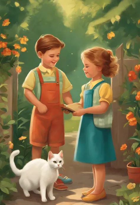 There are two children playing with a cat in the backyard, illustration of childrens books, illustration of childrens books, illustration for childrens book, illustration of childrens book, illustration of childrens book, illustration of childrens books, c...