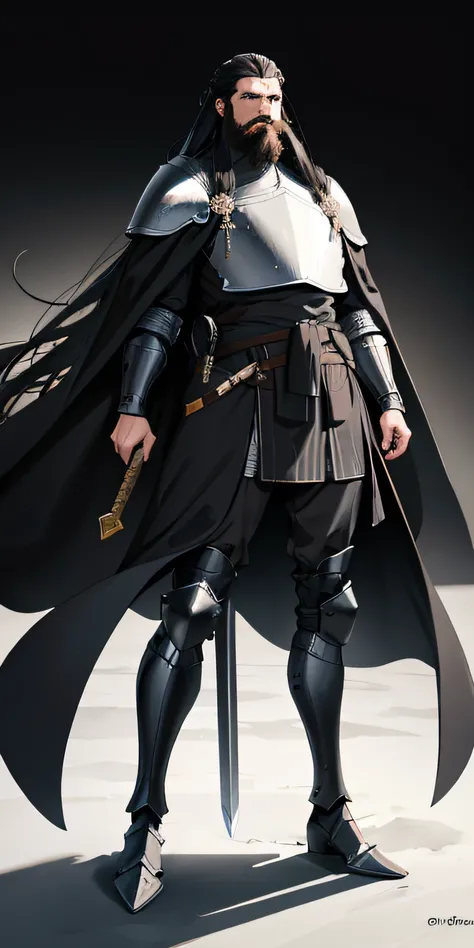 Large human, long black hair and beard, Heavy plate armor, Long black cloak, two handed sword