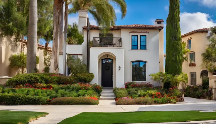 San Diego Real Estate, USA, Ordinary detached townhouse with front yard lawn，With fenced wall，Background image of downtown San Diego，With blue sky and white clouds as the background，Peaceful townhouse background，San Diego suburban residence