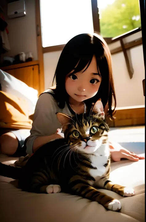 Girl playing with cat、Realistic people、Natural light