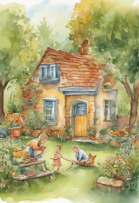 There are two children playing with a cat in the backyard, illustration of childrens books, illustration of childrens books, illustration for childrens book, illustration of childrens book, illustration of childrens book, illustration of childrens books, c...