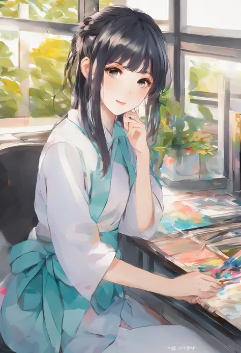 Anime girl with brush and drawing board in front of window, painted in anime painter studio, realistic cute girl painting, Beautiful Anime Portrait, Anime. Soft lighting, detailed painting 4 k, Anime Realism Style, realistic anime art style, artwork in the...