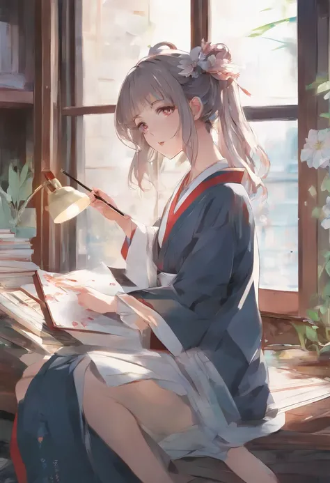 Anime girl with brush and drawing board in front of window, painted in anime painter studio, realistic cute girl painting, Beautiful Anime Portrait, Anime. Soft lighting, detailed painting 4 k, Anime Realism Style, realistic anime art style, artwork in the...