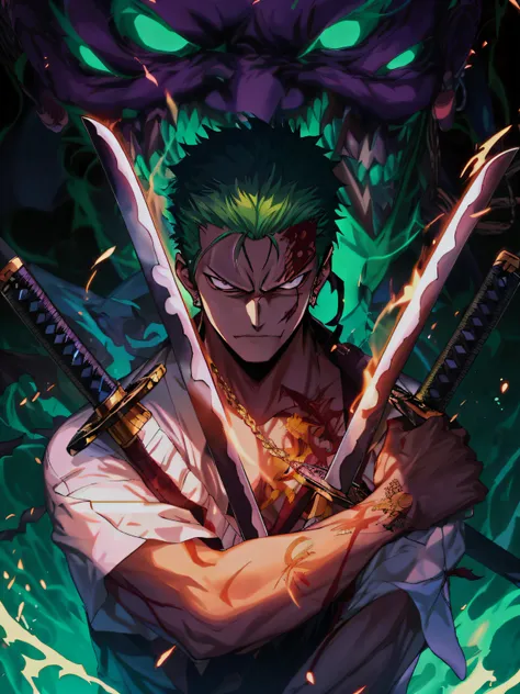 anime character with two swords in front of a demon, roronoa zoro, badass anime 8 k, anime epic artwork, 4 k manga wallpaper, anime wallpaper 4 k, anime wallpaper 4k, 4k anime wallpaper, anime wallaper, anime art wallpaper 4k, anime art wallpaper 4 k, anim...