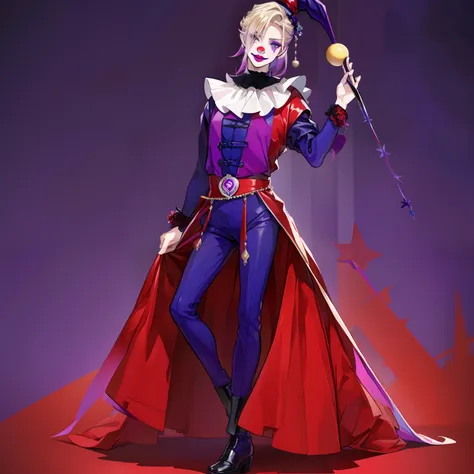 vil schoenheit as a clown, full body, 1 boy, solo , high quality, masterpiece, high aesthetic , blonde hair with violet hair str...