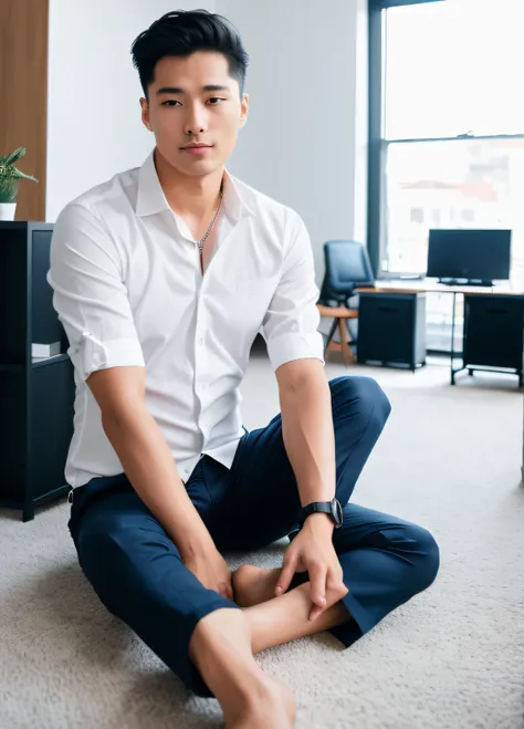 RAW Photos、Very handsome men (portlate:1.2)、(Detailed skin:1.2)、8k UHD、Digital SLR、Soft lighting、hightquality、Film Grain、FUJIFILM XT3、(((s Office)))、(((Man sitting on the floor)))