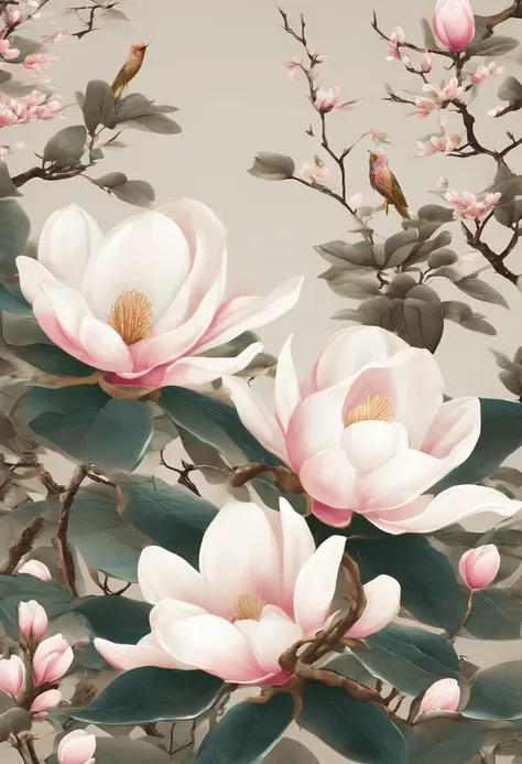 equinox，Traditional Chinese solar terms，(((Magnolia flowers)))，National style，Ink wind，solid color backdrop，has cleavage(((golondrinas)))Fly in the sky，Landscape view，Dont be characterized，Dont be characterized,Dont build