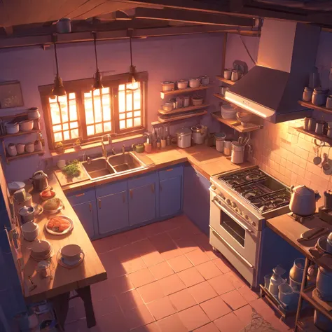 Isometric rendering of game art in the kitchen of a horror village house at dusk