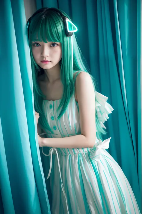 neon curtains,photograph idolgirl,long haircut,slender,(No riddle, just a little ditto,As you wished, so sweet,Our hearts secret beat, say it back),toy stuffed animal junk shops、A Japanese Lady、miku hatsune、Blue-green hair、White dress、top-quality