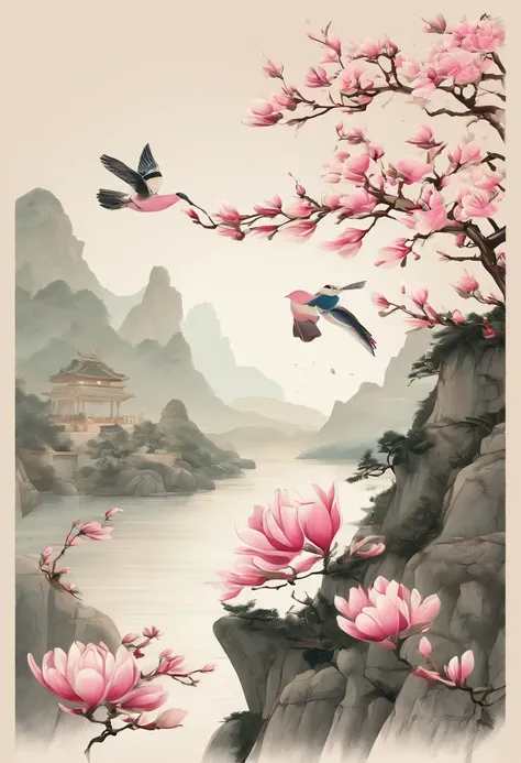 equinox，Traditional Chinese solar terms，(((Magnolia flowers)))，National style，Ink wind，solid color backdrop，Two(((golondrinas)))On it，The look of flying，swallow，Landscape view，Dont be characterized，Dont be characterized,Dont build