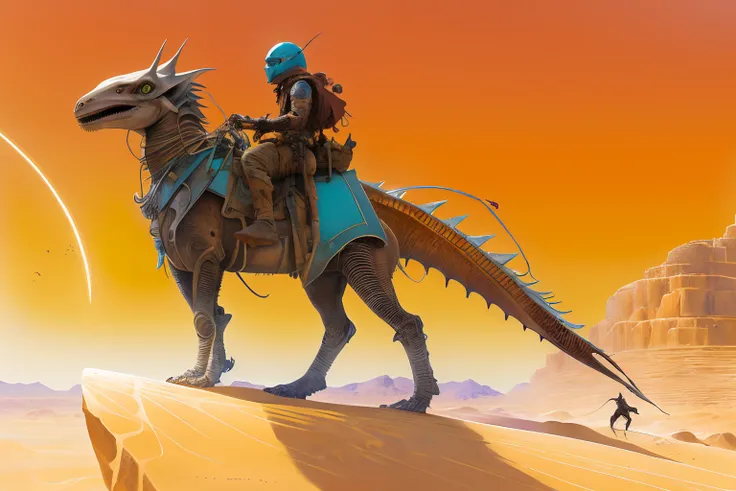 there is a man riding a horse in a desert area, riding a cyborg raptor, dragon rider, moebius + loish + wlop, desert nomad, android jones and rhads, commission for high res, in a serene vast desert, fat dragon with rider, inspired by Tim Hildebrandt, epic ...