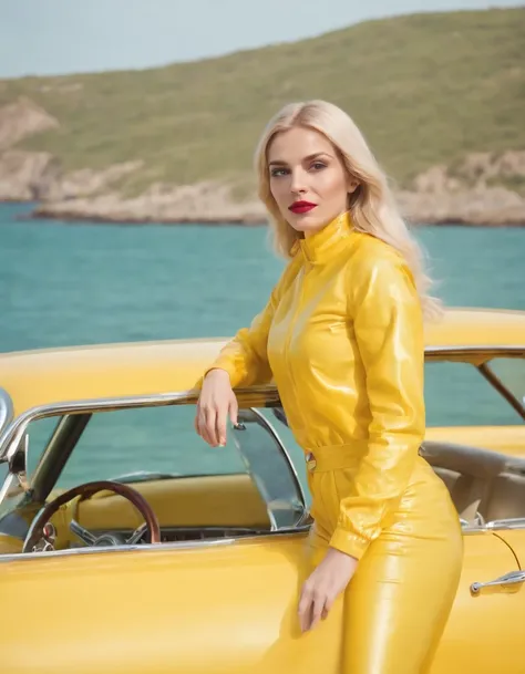 blonde woman dressed in yellow plastic clothes, green retro car and sea in the background, sunny day, half body shot, high quality photo