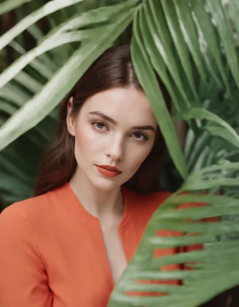 woman wearing red sitting in front of palm leaves photo by peter robinson for stocksy united, in the style of light orange and orange, playful still lifes, graphic and symmetrical, berrypunk, cute and colorful, optical, white background