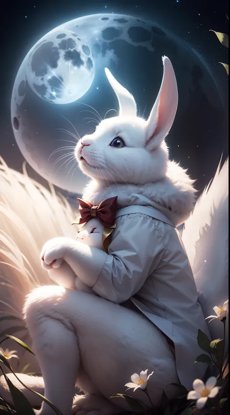 White rabbit looking up at the full moon