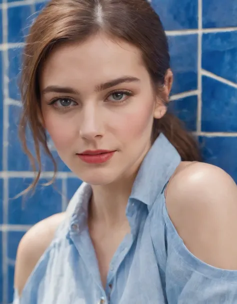 young woman dressed from the 80s, casual mood,  blouse tied in front, leaning against blue tiled wall, sunny day, half length shot, vibrant colors