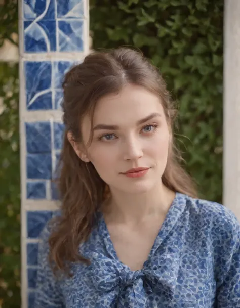 young woman dressed from the 80s, casual mood,  blouse tied in front, leaning against blue tiled wall, sunny day, half length shot, vibrant colors