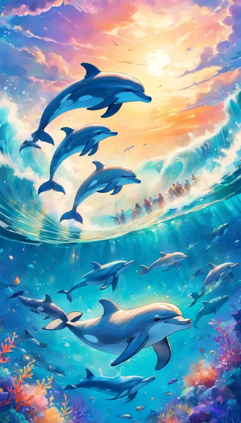 Drawing of dolphins swimming in colorful sea, Look up at the composition, Jellyfish and whales in the sky, inspired by Cyril Rolando, a beautiful artwork illustration, Authors：Sitao, colorful concept art, Makoto Shinkai Cyrillo Roland, in style of cyril ro...