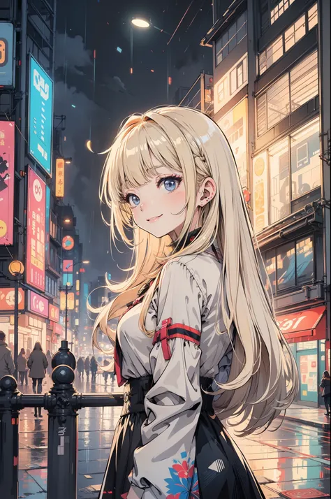 masterpiece, best quality, 1girl, long blonde hair with bangs, solo, night, colorful, cityscape, cyberpunk, light smile, city pop, vector illustration, rain