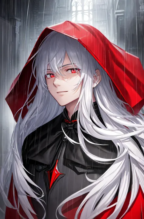 best qualityer, The more details, tmasterpiece, 1boys, Bright face, Smile， malefocus, Heavy pupils, Solo, rim, looking at viewert, Black and red color hood, rainy evening, under moonlight, hoods, nail polish, Silver-white hair, posh, 8K, A detailed, Ray tr...