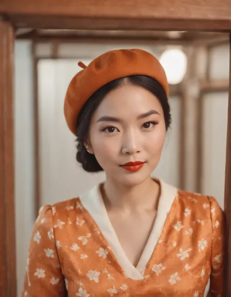 asian woman in retro dress with beret, in retro photo booth, medium close up, orange and white colors, high quality photo