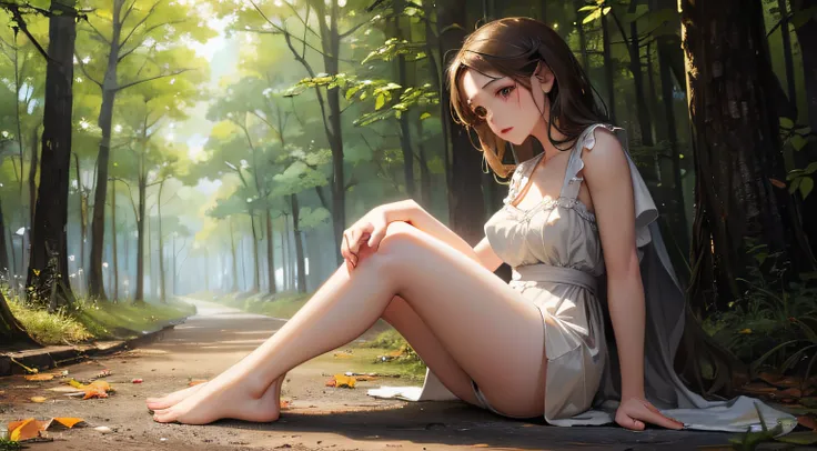 girl in the woods sitting down on the ground, barefoot, in the style of kawacy, realistic lighting, alex alemany, dark white, romantic scenery