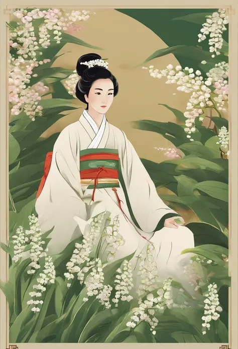 Lixia，Lily of the valley，Lily of the valley，Traditional Chinese garden，Woman standing next to the flower in Hanfu，Landscape of people