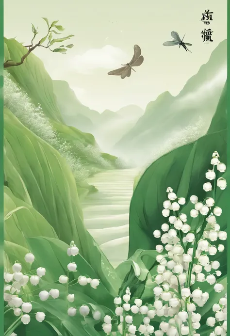 Lixia，Traditional Chinese solar terms，(((Lily of the valley)))，National style，Ink wind，solid color backdrop，(((dragonfly)))，Landscape view，Ink wind