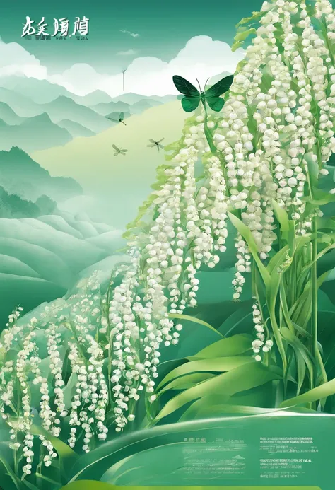 Lixia，Traditional Chinese solar terms，(((Lily of the valley)))，National style，Ink wind，solid color backdrop，(((dragonfly)))，Landscape view，Ink wind