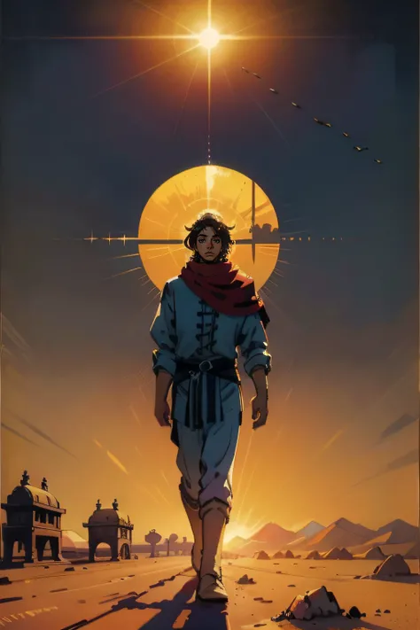 high resolution, (Arte Oficial, Beautiful and Aesthetic: 1.5) homem, aventureiro outfit ,deserto, Efeito de Luz, sol, super detalhado