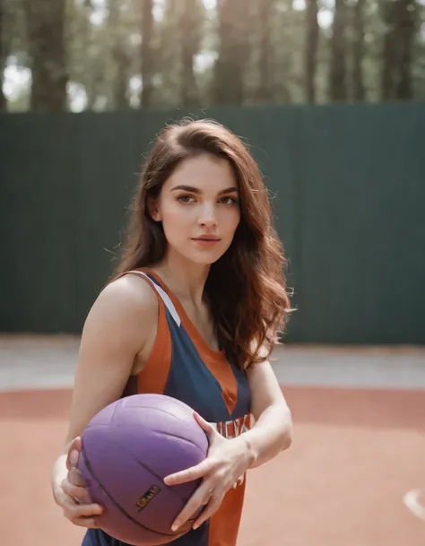 Woman with basketball, Surrounded by a hoverball, bust，avatar close up，Pastel colors of purple and orange, high-quality photo, Nikon D850, 50 mm f/1.8