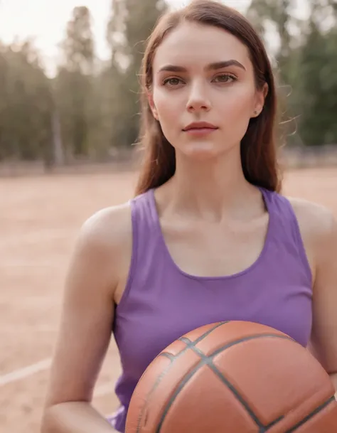 Woman with basketball, Surrounded by a hoverball, bust，avatar close up，Pastel colors of purple and orange, high-quality photo, Nikon D850, 50 mm f/1.8