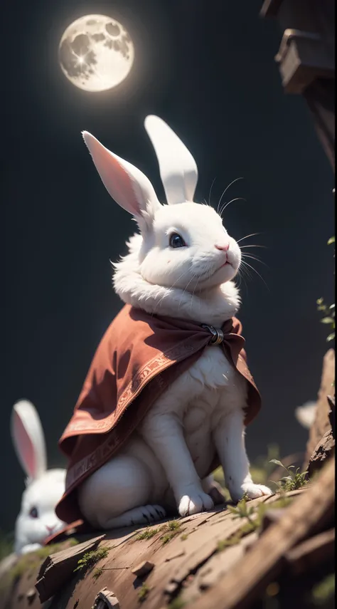 White rabbit looking up at the full moon