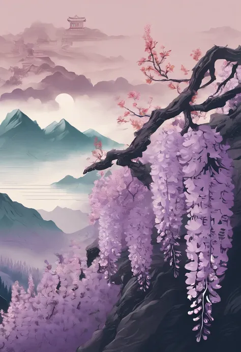 Valley Rain，Traditional Chinese solar terms，(((Wisteria flowers)))，National style，Ink wind，solid color backdrop，Dont build，(((cuckoo))，Landscape view，Ink wind，Single color