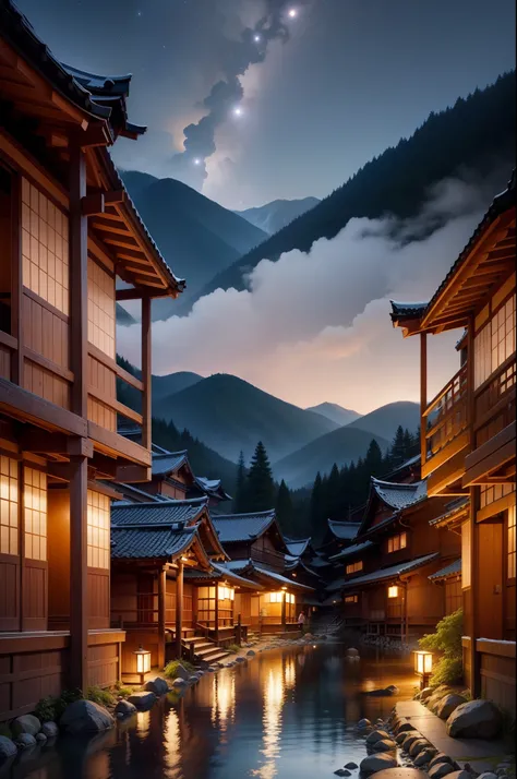 Old onsen town、natta、starrysky、People in yukatas coming and going々